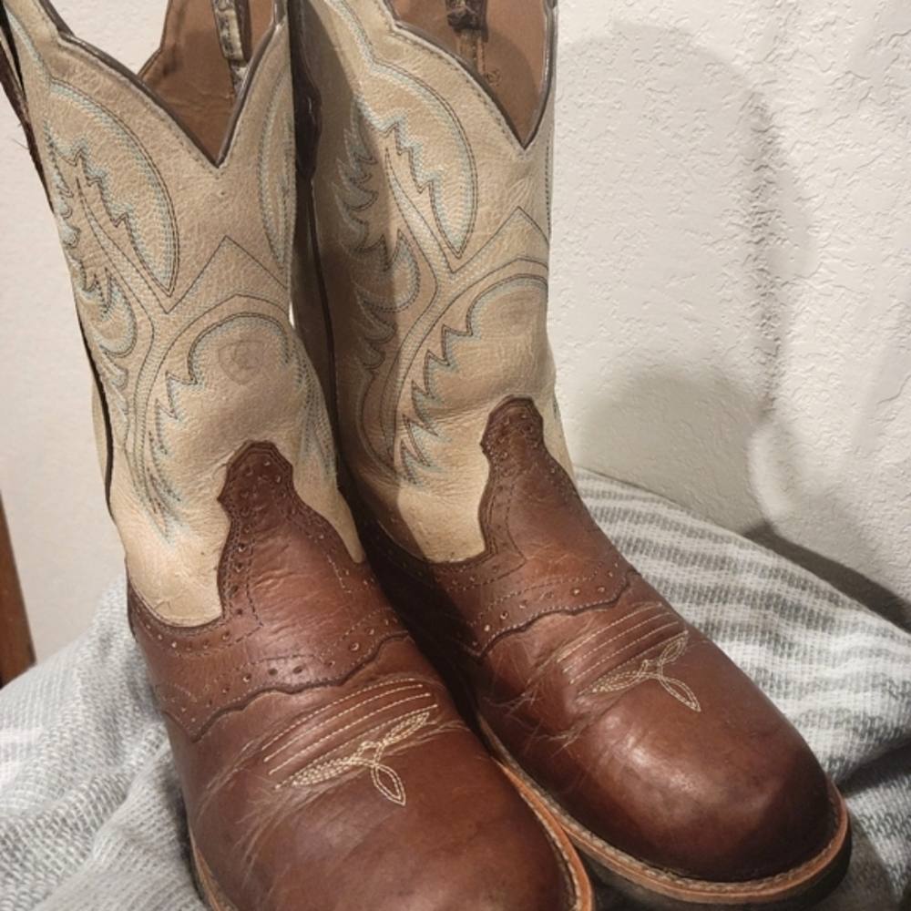Ariat Fatbaby Boot 7 Cream Teal Stitching Brown Round Toe Heritage Nice Cond - Picture 3 of 8